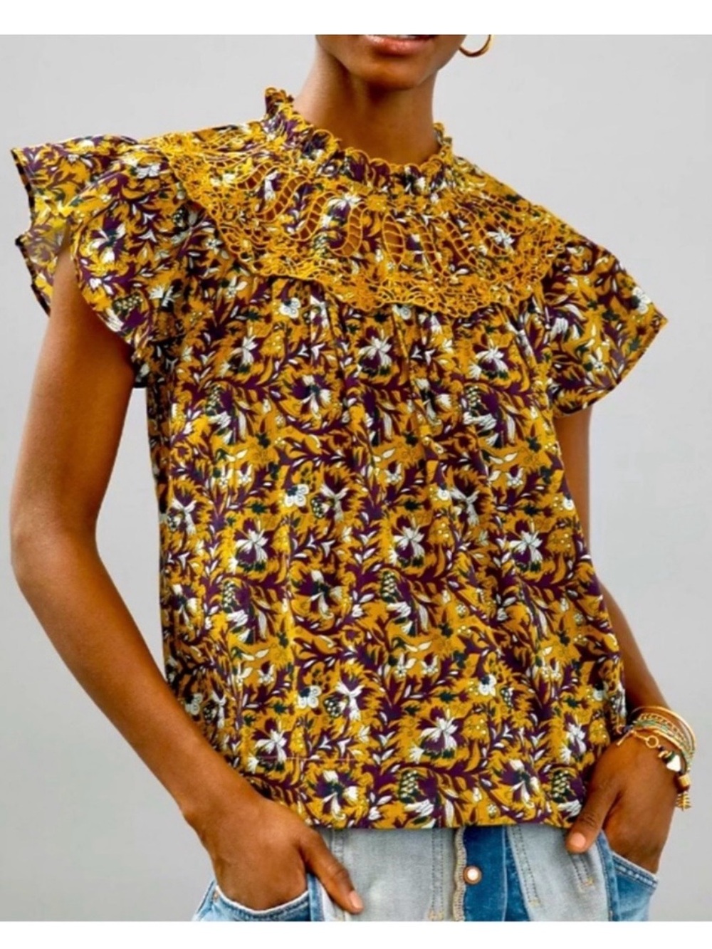 Anthropologie Othilia Frederica Ruffle Lace Yoke Blouse Mustard Purple Floral S